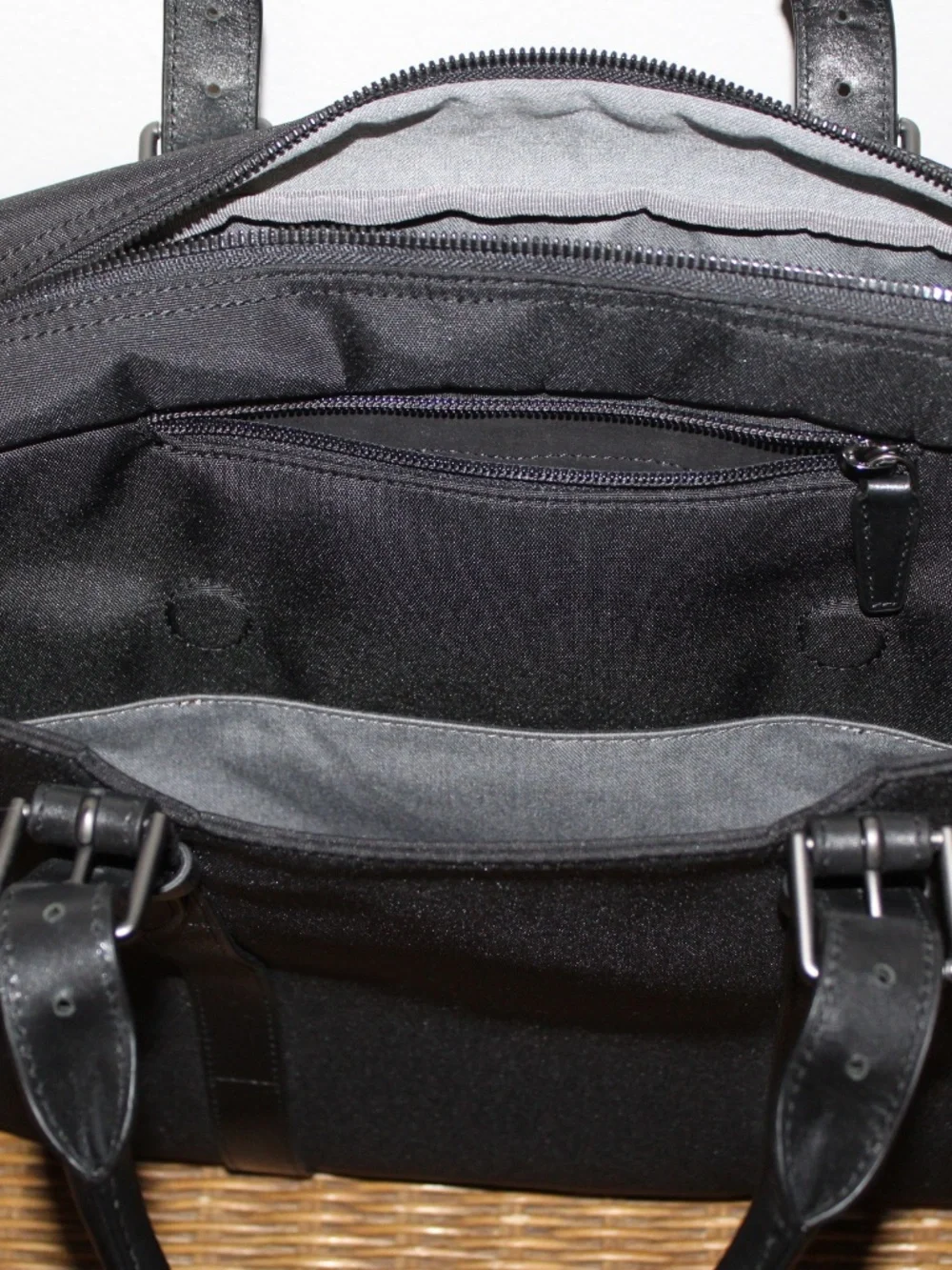 Stuart & Lau Cary briefcase in black with full-grain leather accents. Open Box